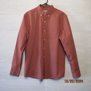 LL Bean Mens Size M Orange Plaid Slightly Fitted Button Down Cotton Long Sleeve